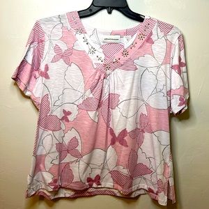 Pink and White Butterfly Print Top-Size XL
